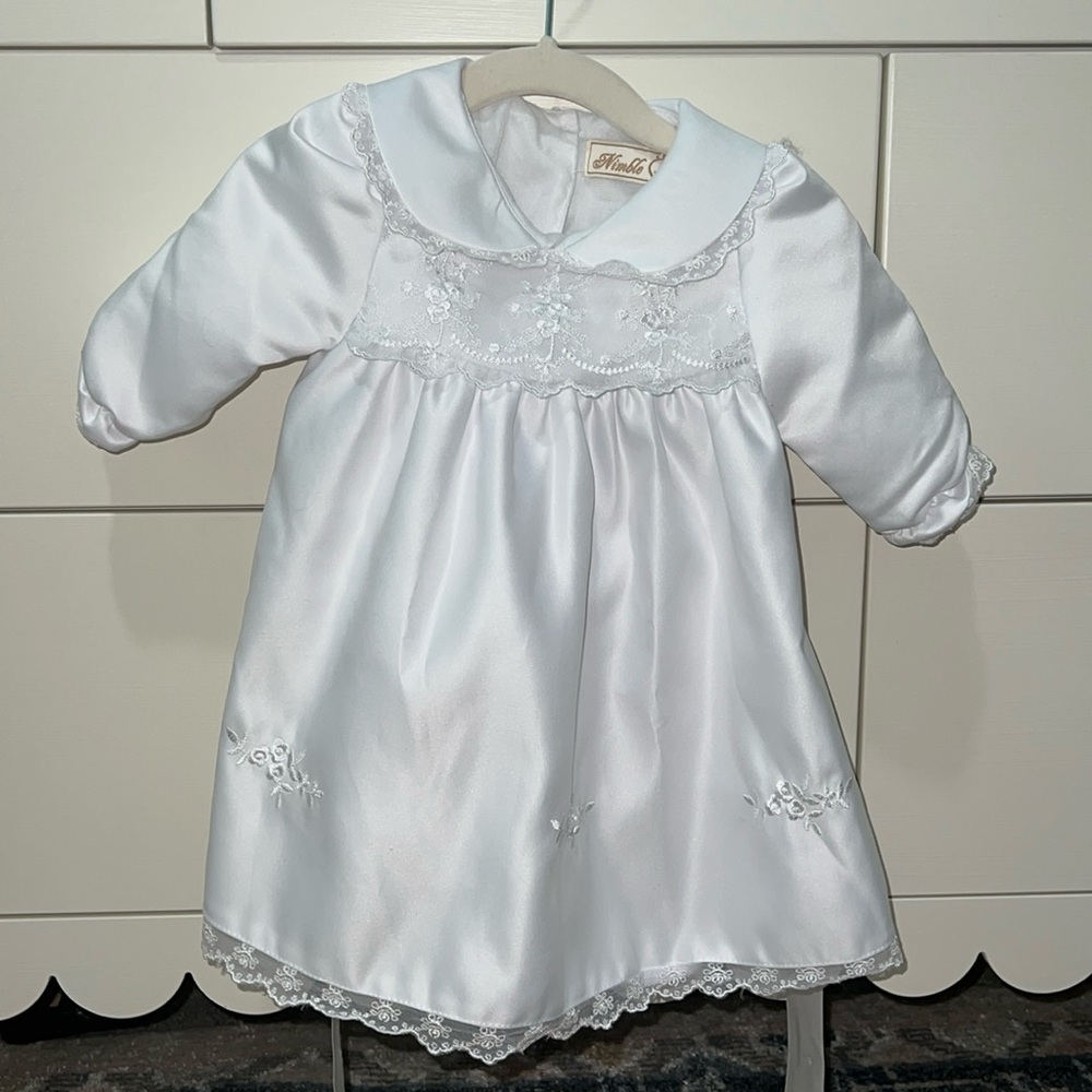 Elegant White Satin Lined Baby Dress with Lace Details - Baptism or Flower Girl